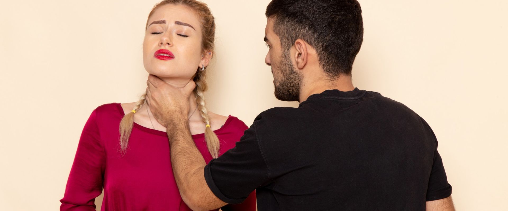 Front View Young Female Red Shirt Suffers From Physical Threats Violence Cream Space Female Photo